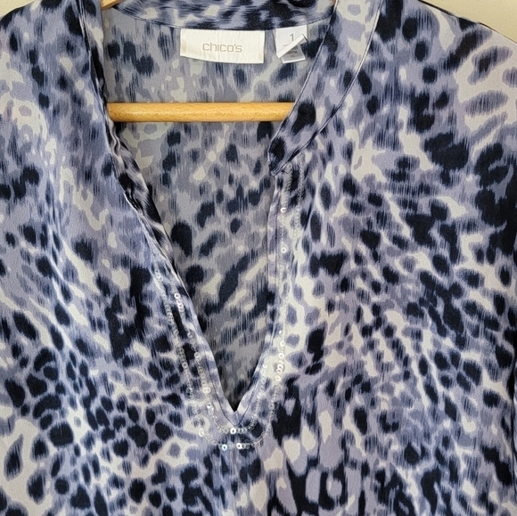 Chico's | Blue Animal Print Blouse with Sequin Neckline - Picture 3 of 7